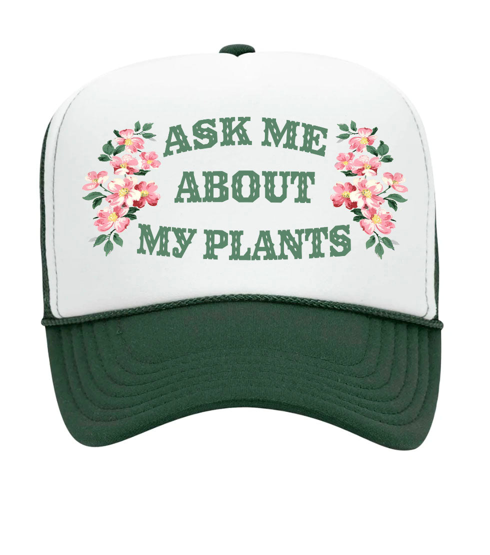 Ask Me About My Plants Mesh Back Baseball Hat - White/Green