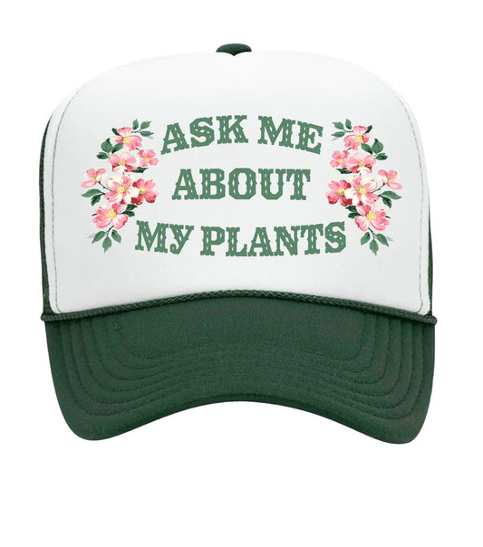 Ask Me About My Plants Mesh Back Baseball Hat - White/Green