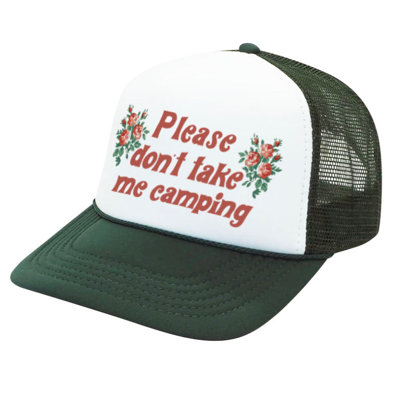 cute hat for bride trucker hat green white dont take me camping i dont like camping camp outdoors funny secret santa funny trucker hat fun gift hat for girl bachelorette party hat wedding birthday fun floral summer hat