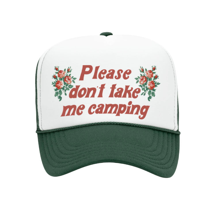 Funny trucker hat for friends secret santa gift dont take me camping i hate camping outdoorsy floral girly hat green and white trucker hat cute summer hat indoorsy hat fun hat for bachelorette party wedding hat bride hat