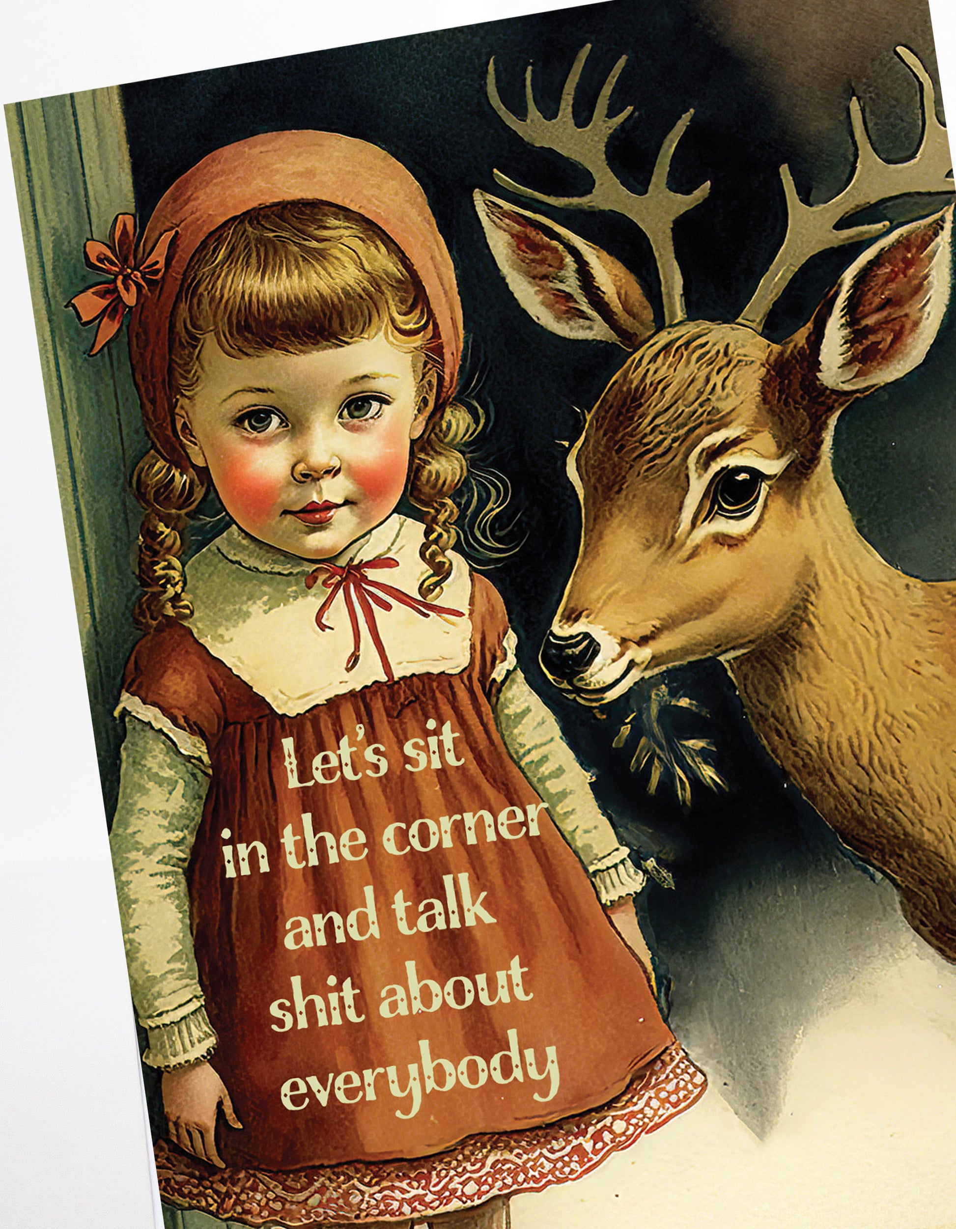 retro vintage girl with a deer smiling at a party talk shit gossip girl greeting card funny for girlfriends bff besties introvert cards gift giving christmas cards vintage cottagecore grandma maximalist decor